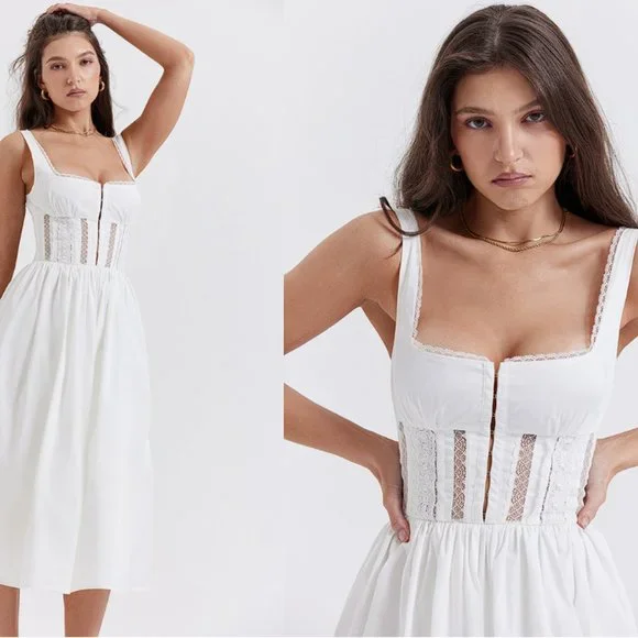 HOUSE OF CB 'Perle' White Lace Trim Midi Dress NWOT - Picture 3 of 12